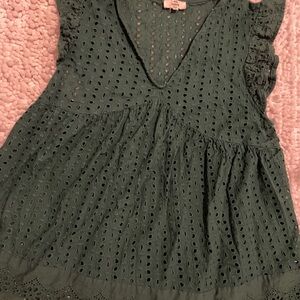 entro Olive Eyelet V-Neck Ruffle Sleeve Tunic